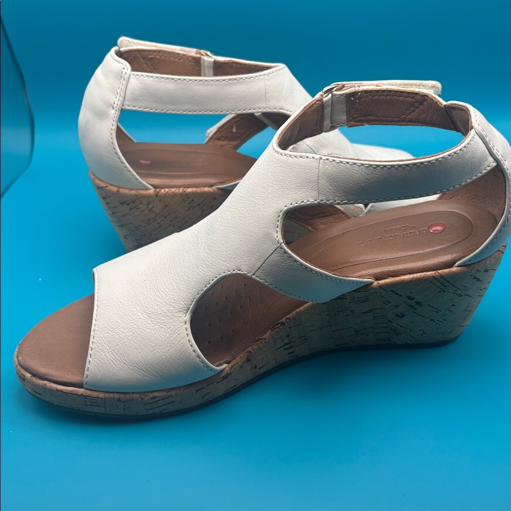 Clark’s Unstructured Plaza Strap Wedge White Leather Sandals, size 7, EUC - Picture 8 of 12